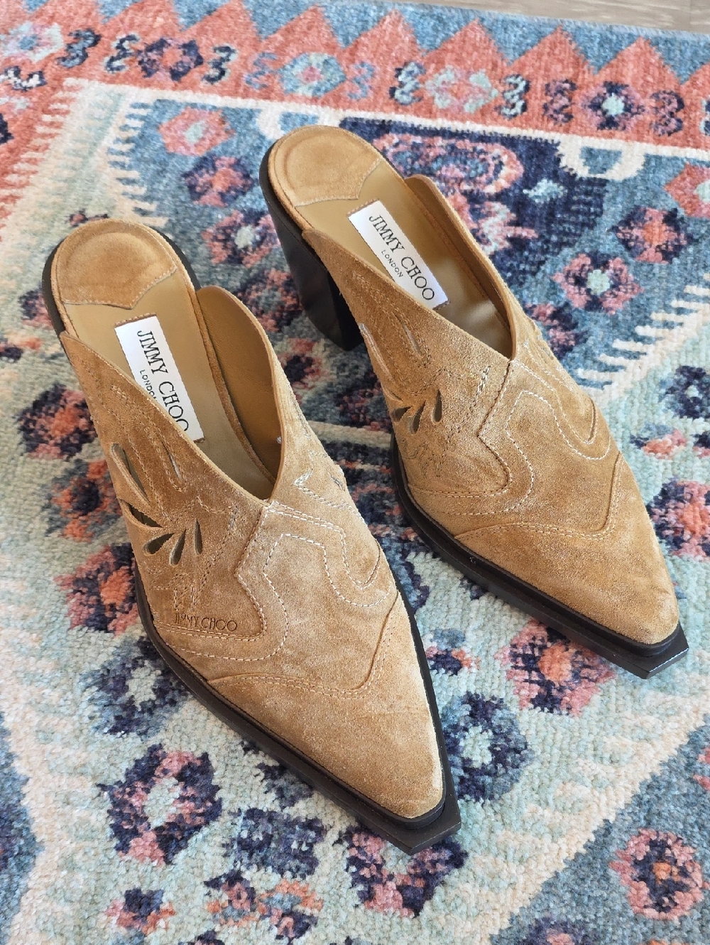 Jimmy Choo Tan Suede Pointed Mule Heels with Sculpted Block Heel